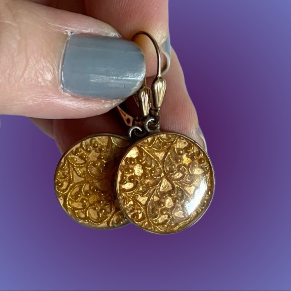 Vtg stamped 925 sterling & 1/20 14k & gold brocade enamel dangle earrings HW